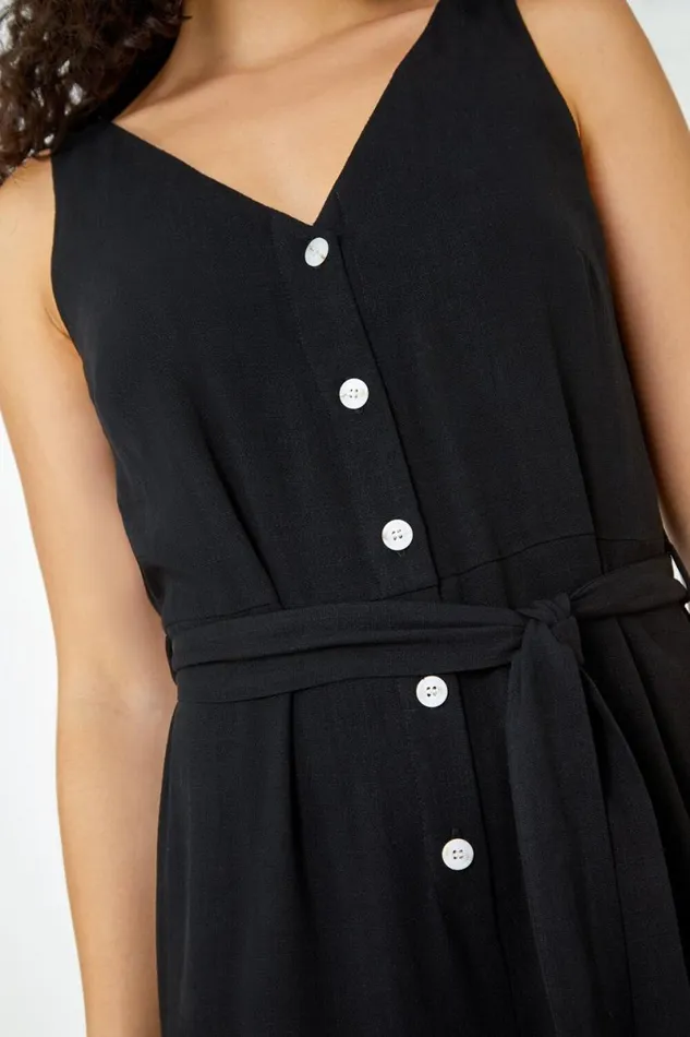 Black Sleeveless Linen Blend Jumpsuit Women Roman Dresses