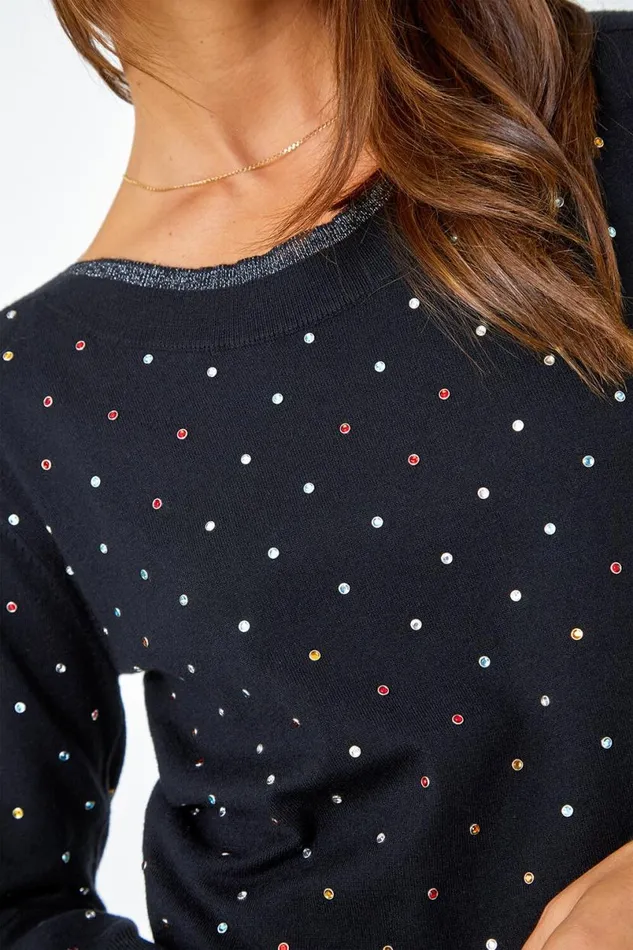 Black Sparkle Spot Embellished Jumper Women Roman Knitwear