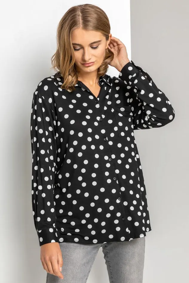 Black Spot Print Buttoned Shirt Women Roman Tops