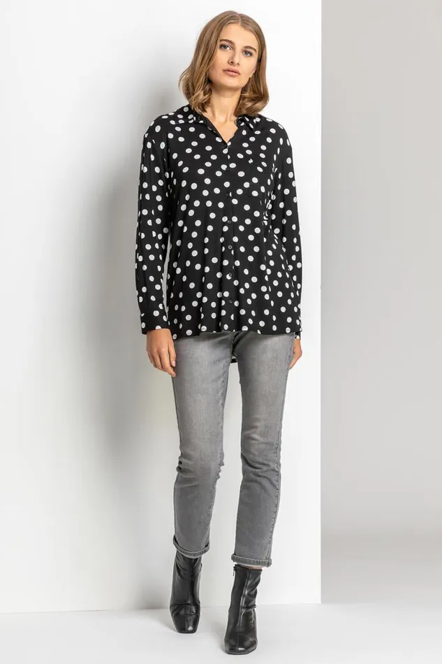 Black Spot Print Buttoned Shirt Women Roman Tops