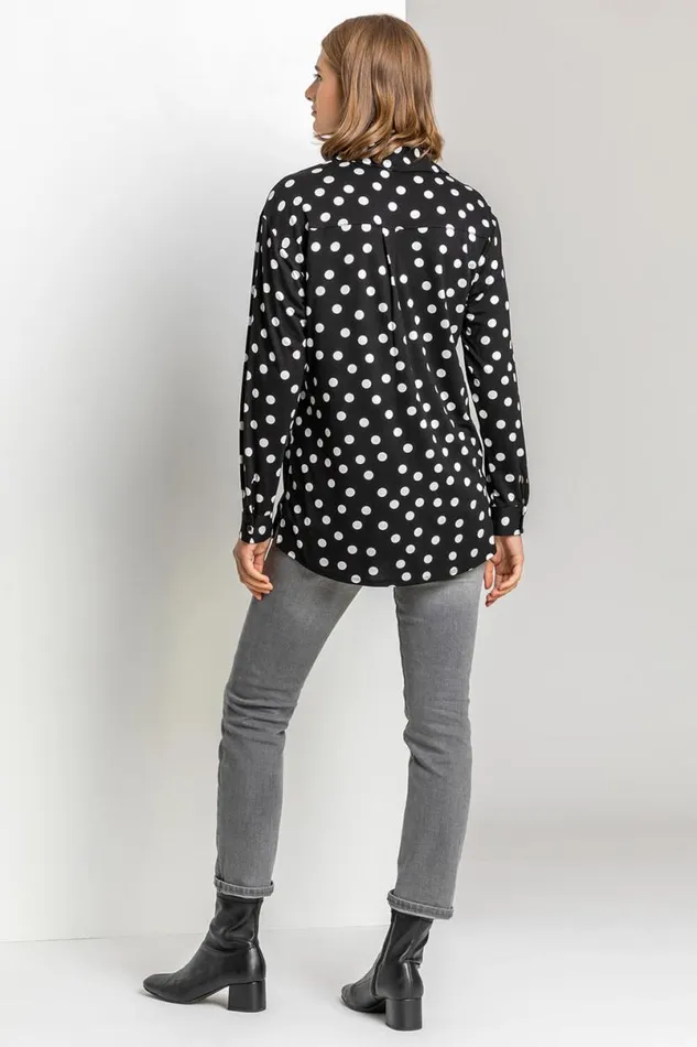 Black Spot Print Buttoned Shirt Women Roman Tops