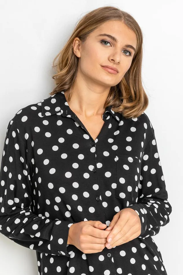 Black Spot Print Buttoned Shirt Women Roman Tops