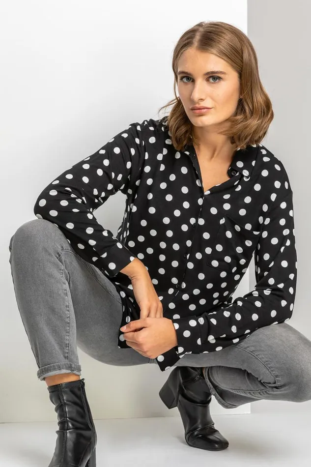 Black Spot Print Buttoned Shirt Women Roman Tops