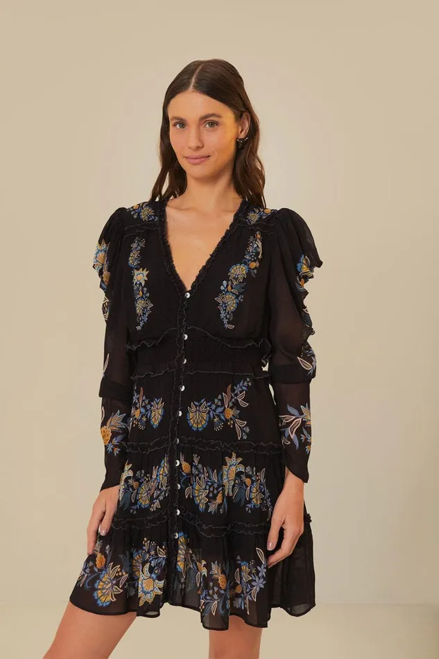 Black Stitched Garden Short Sleeve Midi Dress Women FARM Rio Midi Dresses