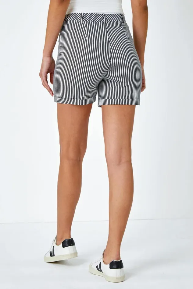 Black Stripe Turn Up Elastic Waist Stretch Shorts Women Roman Shorts