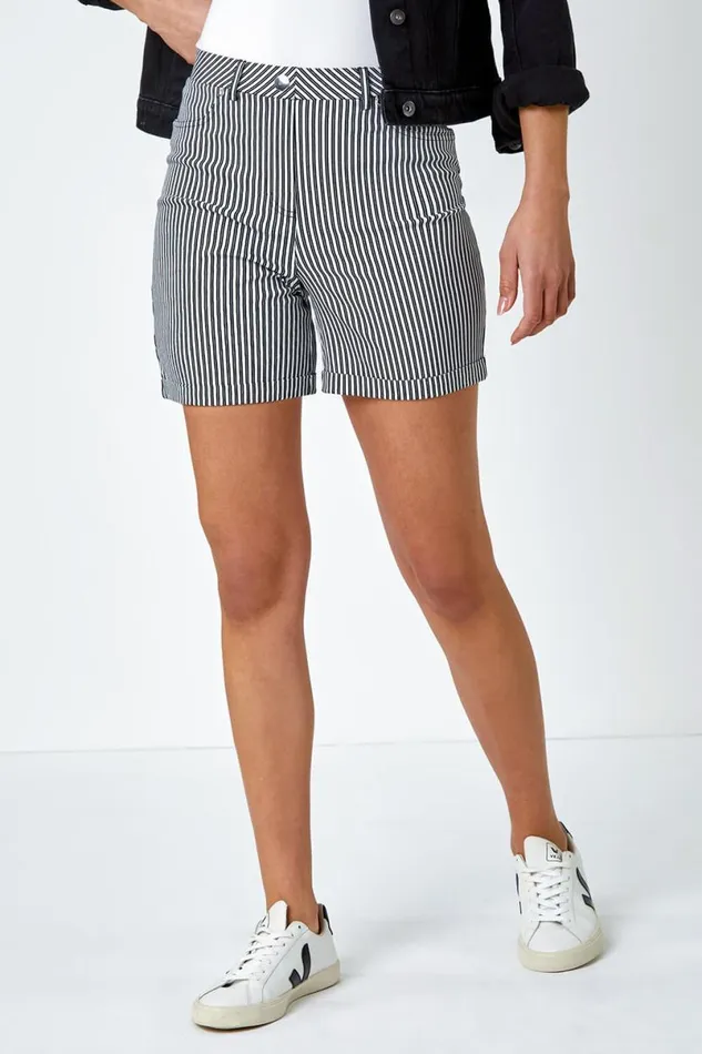 Black Stripe Turn Up Elastic Waist Stretch Shorts Women Roman Shorts