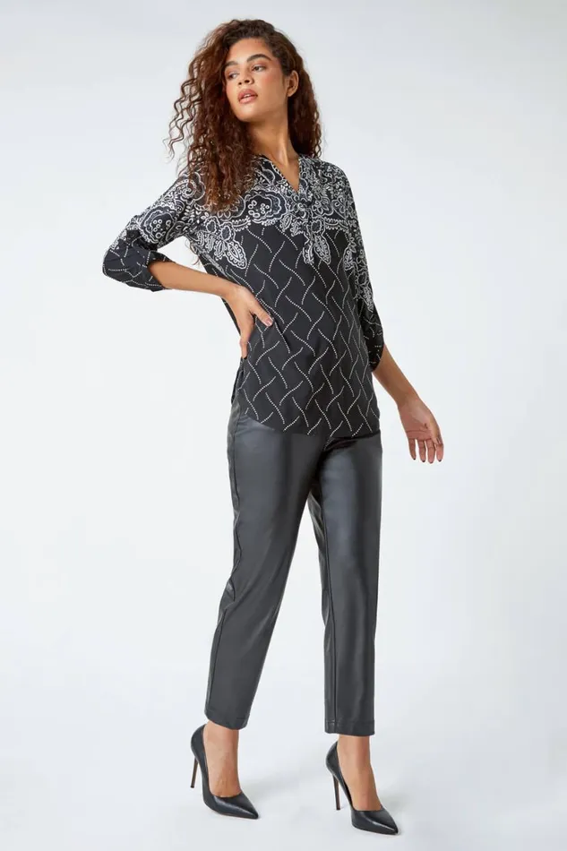 Black Textured Border Print Stretch Shirt Women Roman Tops