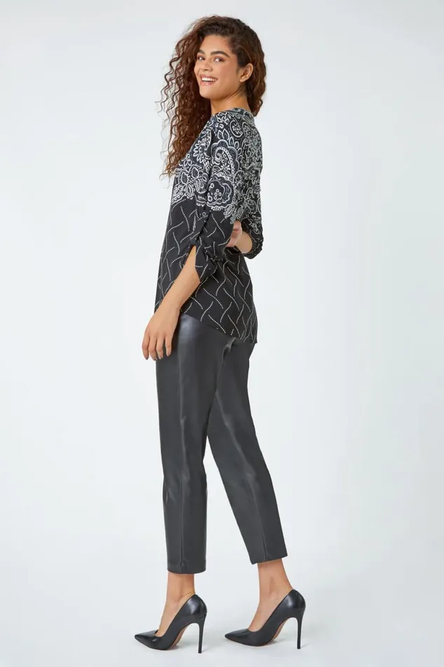 Black Textured Border Print Stretch Shirt Women Roman Tops