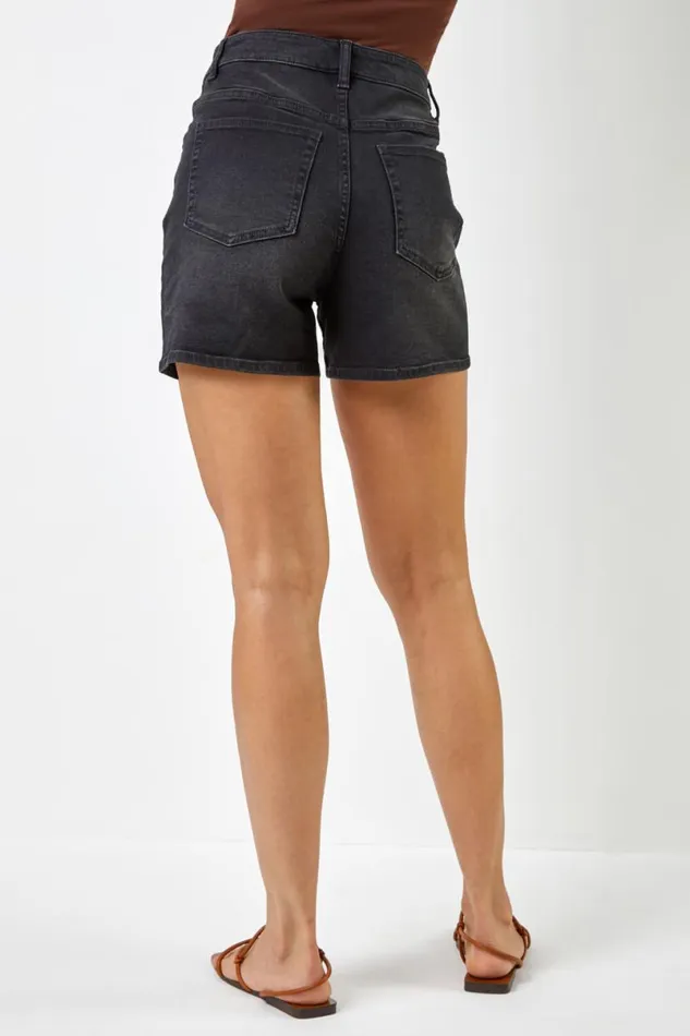 Black Washed Denim Stretch Shorts Women Roman Trousers