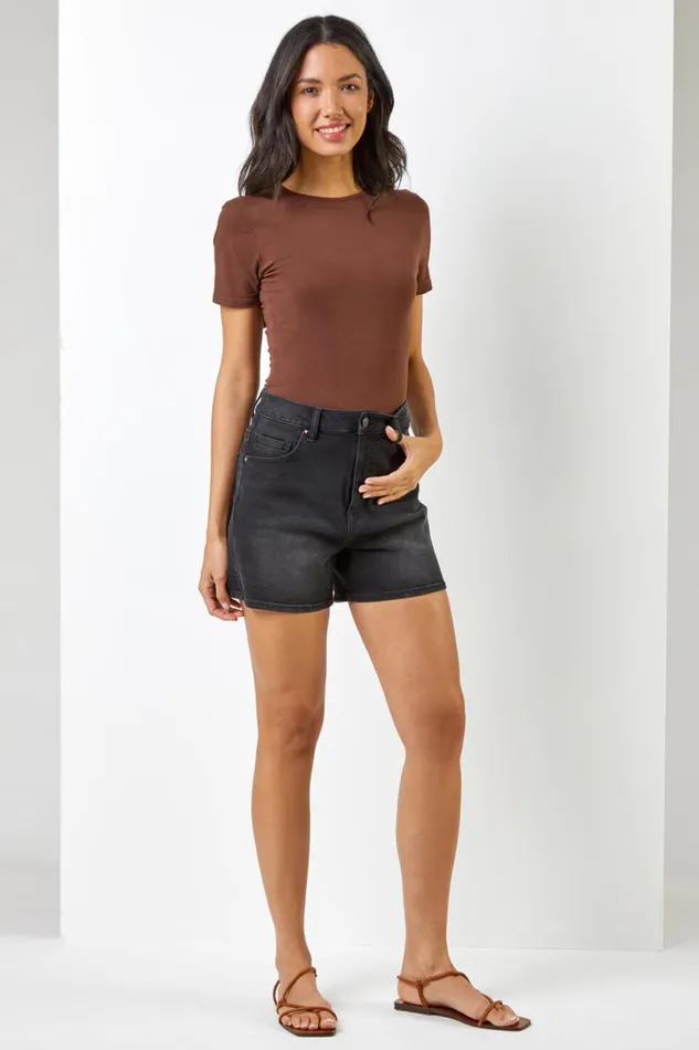 Black Washed Denim Stretch Shorts Women Roman Trousers