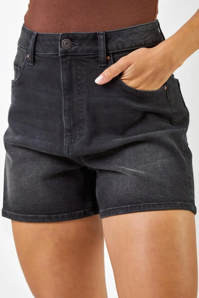 Black Washed Denim Stretch Shorts Women Roman Trousers