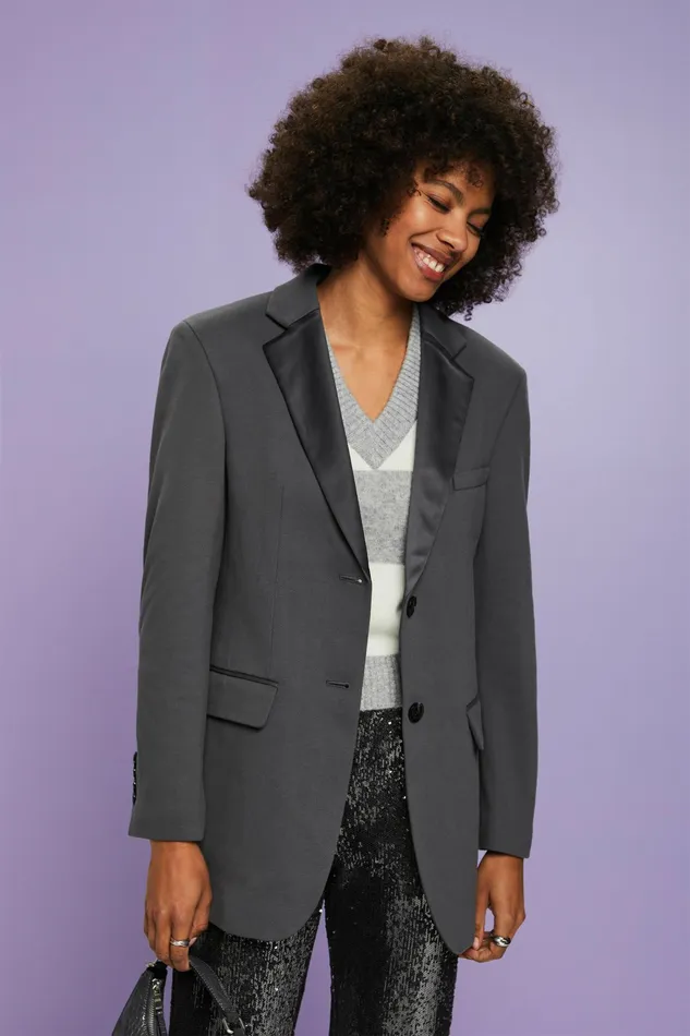 Blazers Women Esprit Textured Knit Tuxedo Blazer Organic Cotton Dark Grey