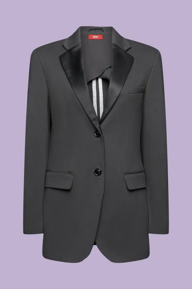 Blazers Women Esprit Textured Knit Tuxedo Blazer Organic Cotton Dark Grey