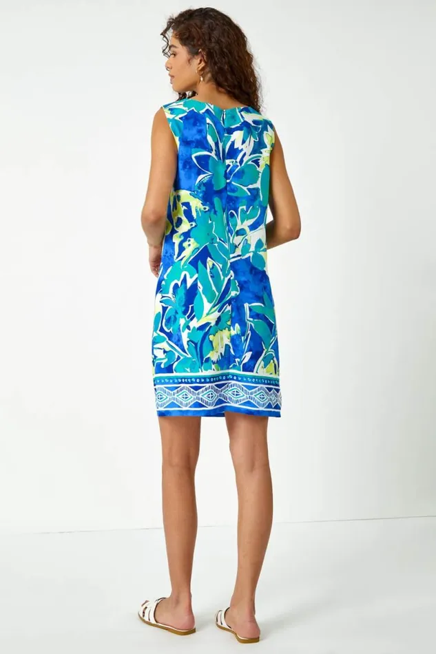 Blue Abstract Leaf Shift Dress Women Roman Dresses