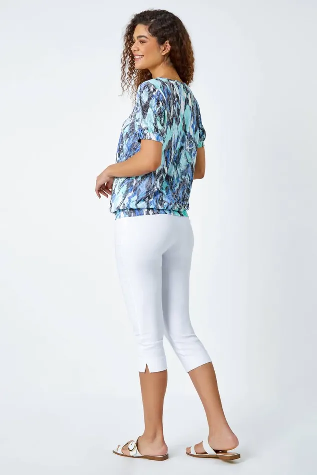 Blue Animal Burnout Print Blouson Stretch Top Women Roman Tops