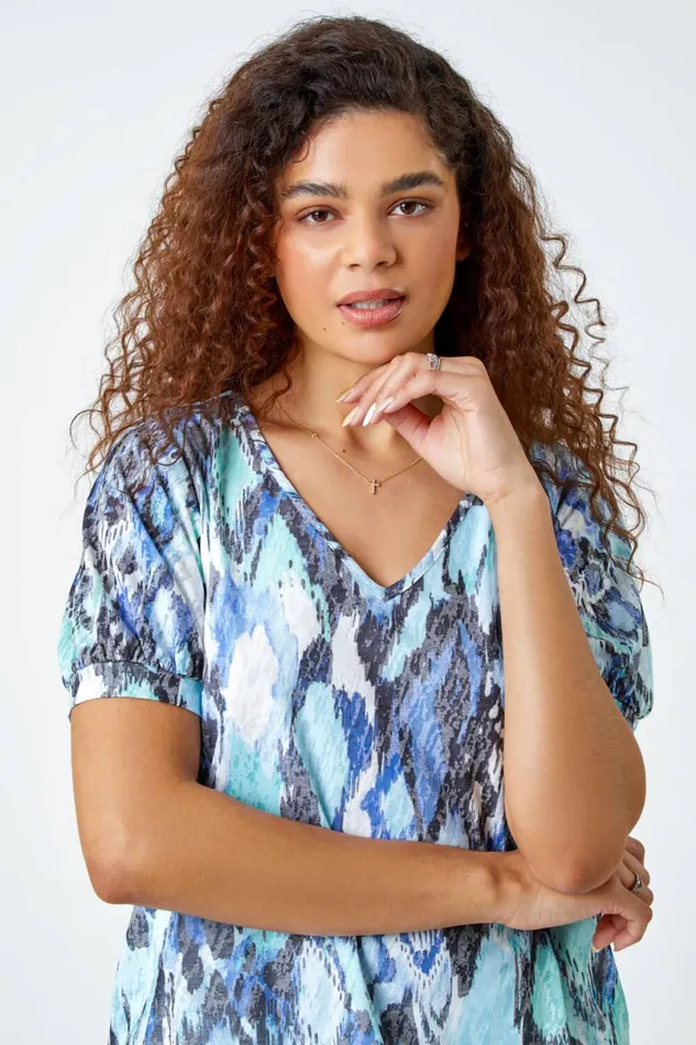 Blue Animal Burnout Print Blouson Stretch Top Women Roman Tops