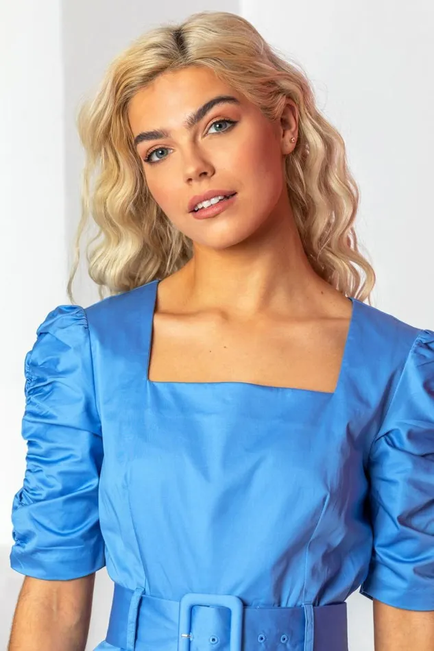 Blue Belted Ruched Sleeve Dress Women Roman Dresses