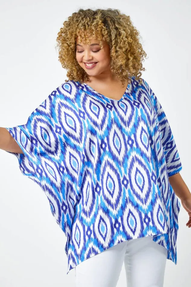 Blue Curve Aztec Print VNeck Relaxed Tunic Top Women Roman Tops