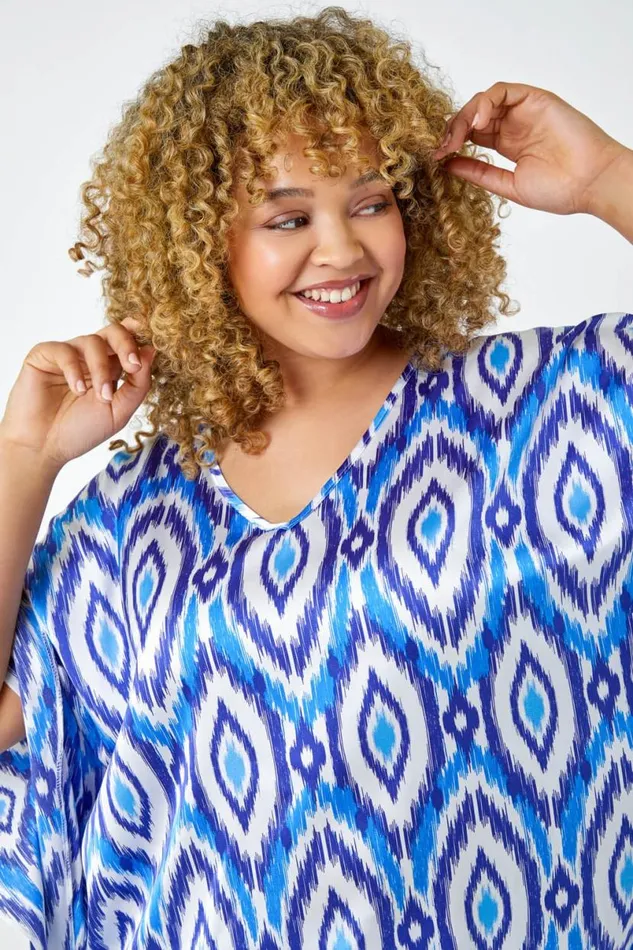 Blue Curve Aztec Print VNeck Relaxed Tunic Top Women Roman Tops