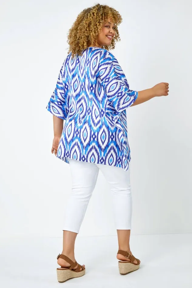 Blue Curve Aztec Print VNeck Relaxed Tunic Top Women Roman Tops