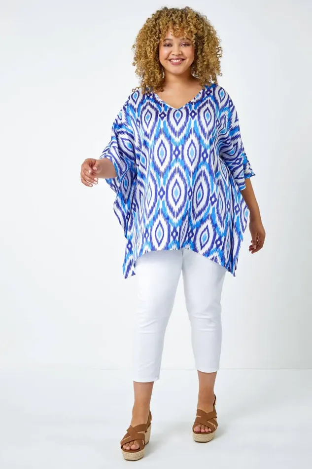 Blue Curve Aztec Print VNeck Relaxed Tunic Top Women Roman Tops