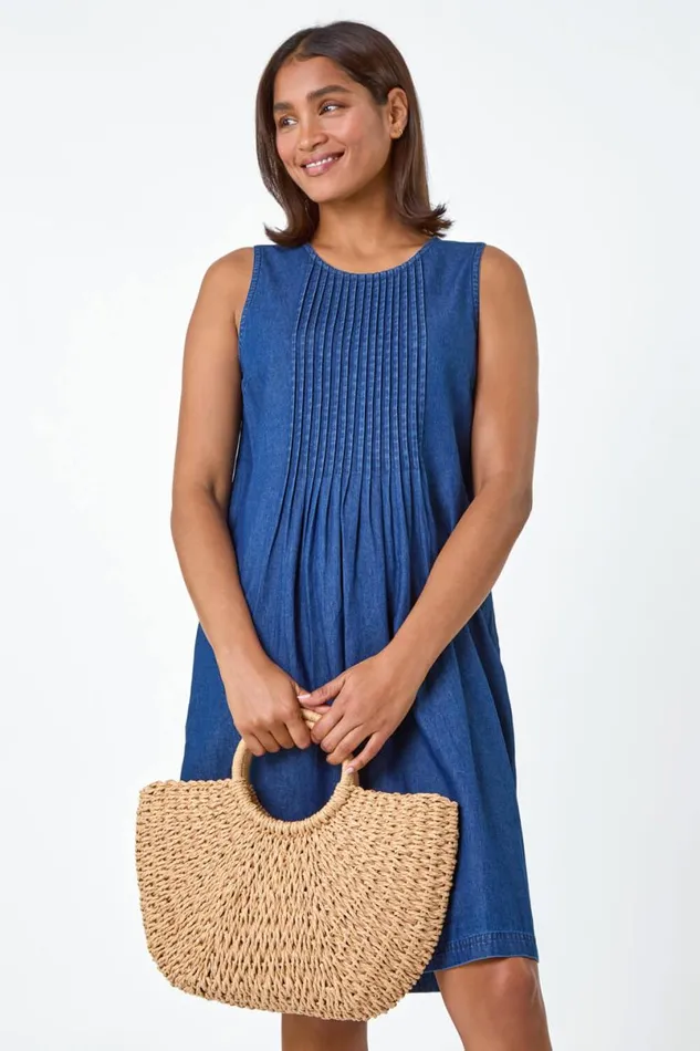 Blue Denim Pintuck Detail Pocket Dress Women Roman Dresses
