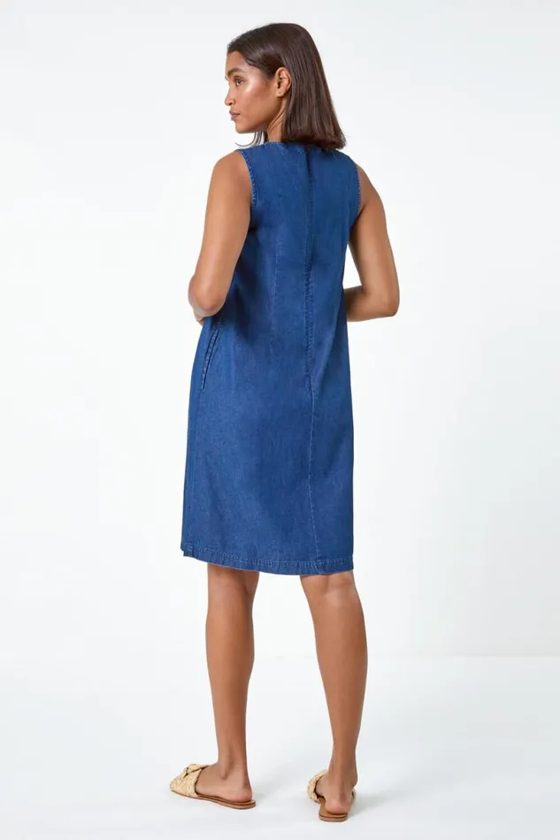 Blue Denim Pintuck Detail Pocket Dress Women Roman Dresses