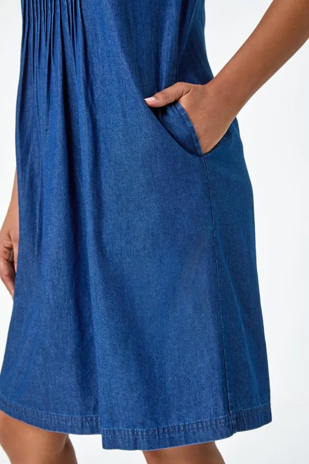 Blue Denim Pintuck Detail Pocket Dress Women Roman Dresses