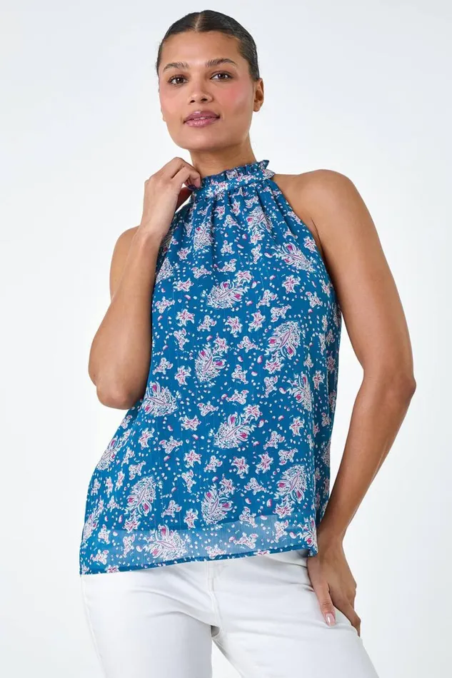 Blue Floral Print Halter Neck Frill Top Women Roman Tops