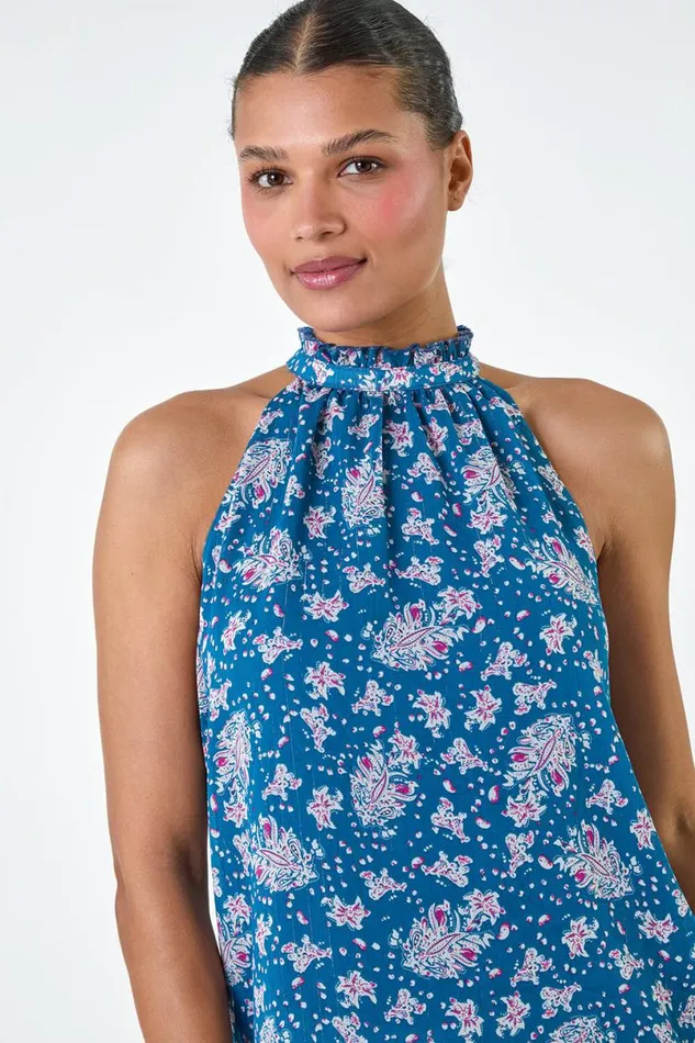 Blue Floral Print Halter Neck Frill Top Women Roman Tops