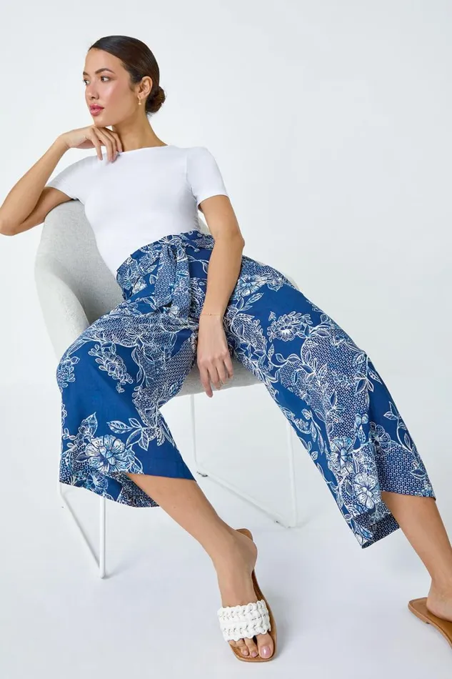 Blue Floral Print Tie Cropped Trousers Women Roman Trousers