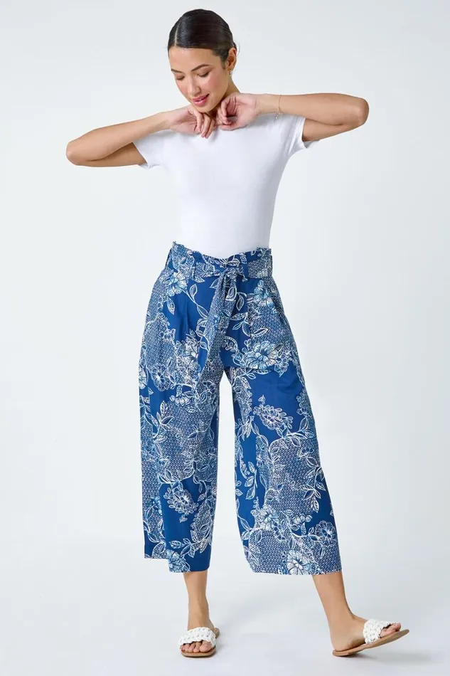 Blue Floral Print Tie Cropped Trousers Women Roman Trousers