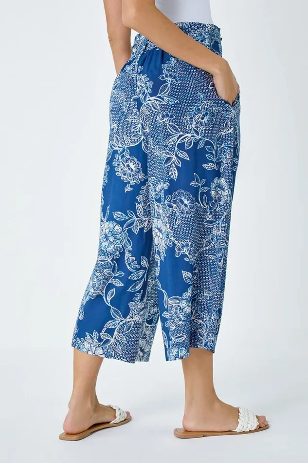 Blue Floral Print Tie Cropped Trousers Women Roman Trousers