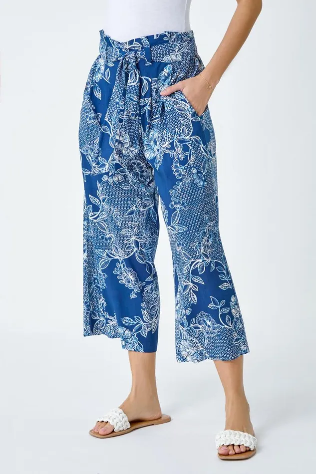 Blue Floral Print Tie Cropped Trousers Women Roman Trousers