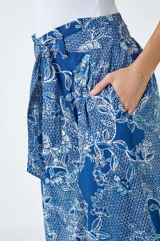 Blue Floral Print Tie Cropped Trousers Women Roman Trousers