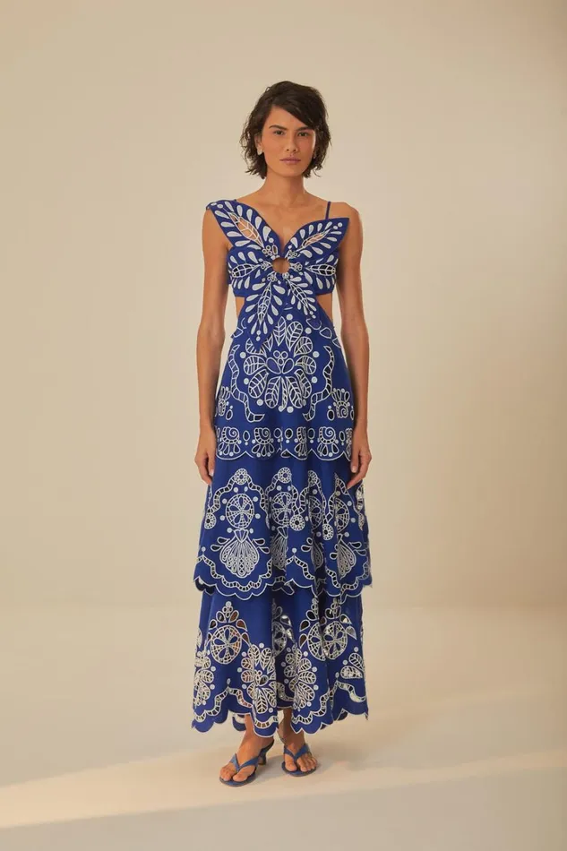Blue Flower Richelieu Euroflax Premium Linen Midi Dress Women FARM Rio Midi Dresses