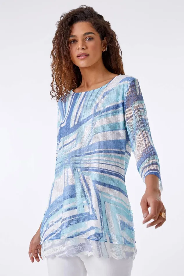 Blue Lace Trim Overlay Abstract Print Top Women Roman Tops