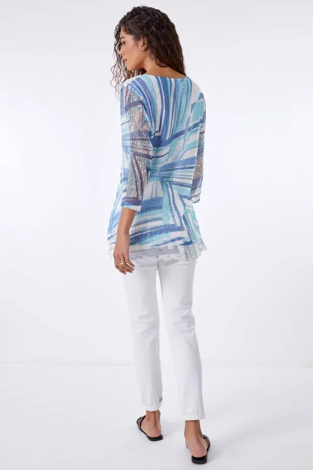 Blue Lace Trim Overlay Abstract Print Top Women Roman Tops