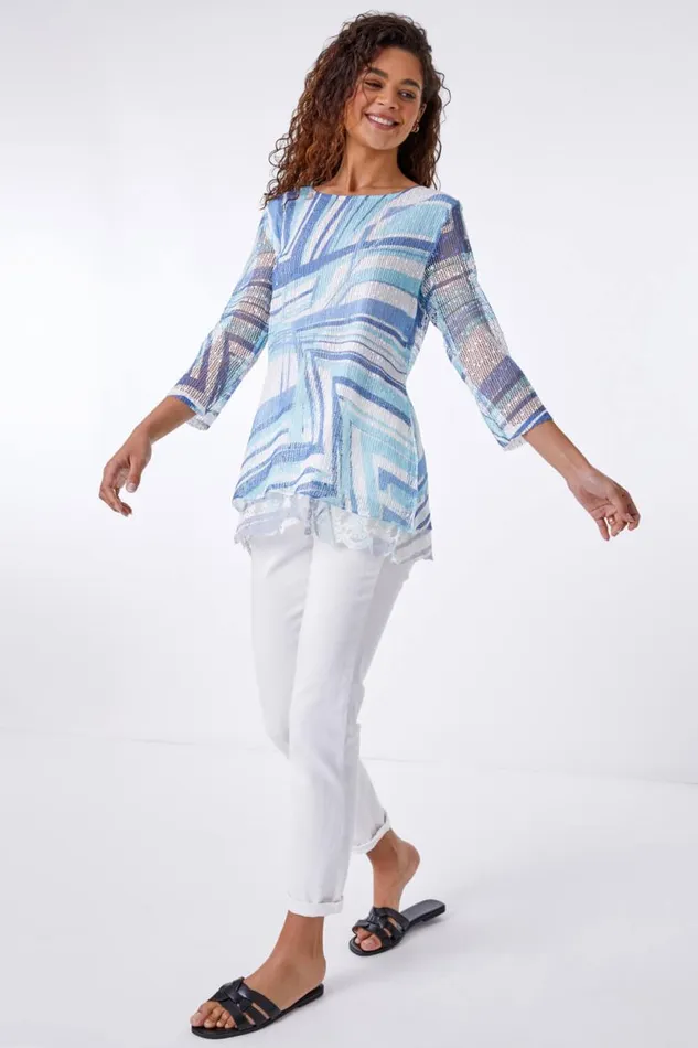 Blue Lace Trim Overlay Abstract Print Top Women Roman Tops