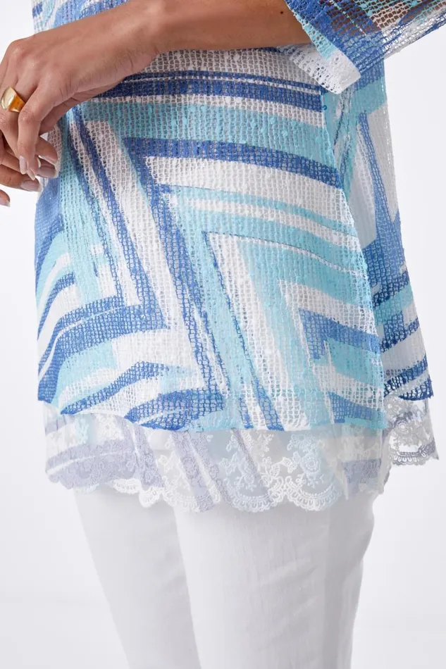 Blue Lace Trim Overlay Abstract Print Top Women Roman Tops