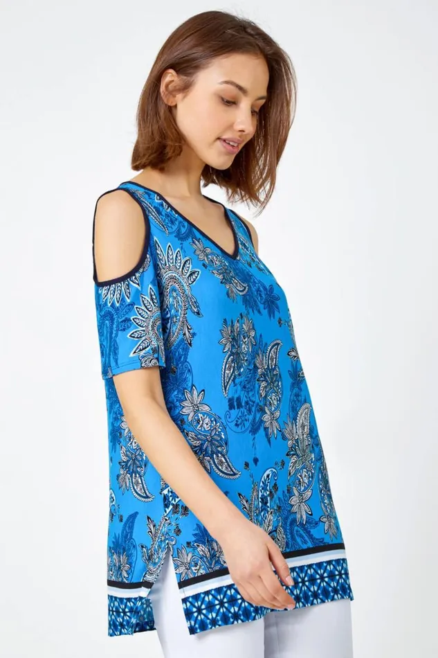 Blue Paisley Border VNeck Cold Shoulder Top Women Roman Tops