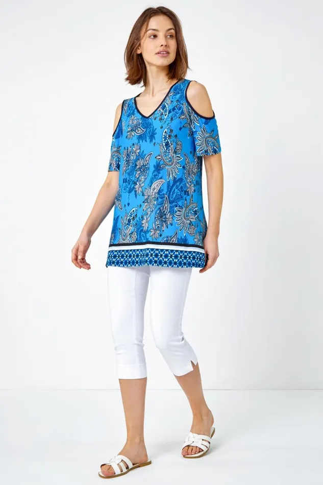 Blue Paisley Border VNeck Cold Shoulder Top Women Roman Tops