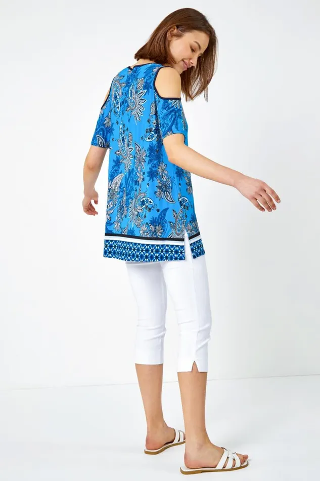 Blue Paisley Border VNeck Cold Shoulder Top Women Roman Tops