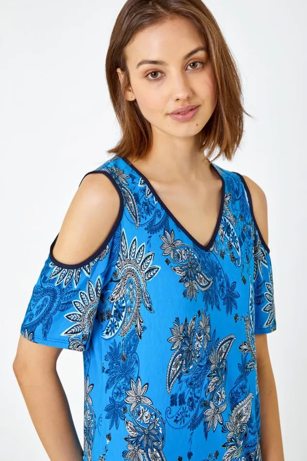 Blue Paisley Border VNeck Cold Shoulder Top Women Roman Tops
