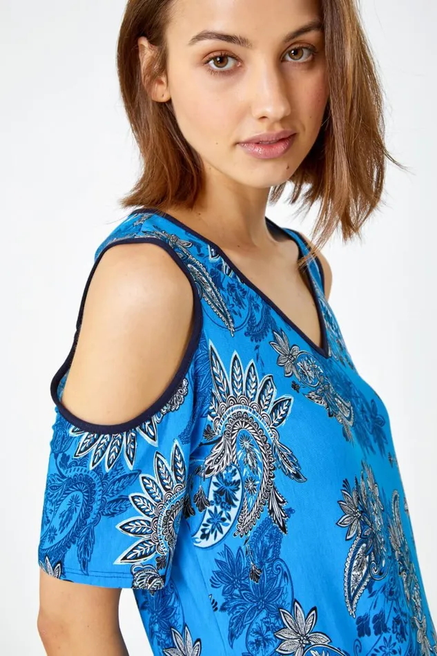 Blue Paisley Border VNeck Cold Shoulder Top Women Roman Tops