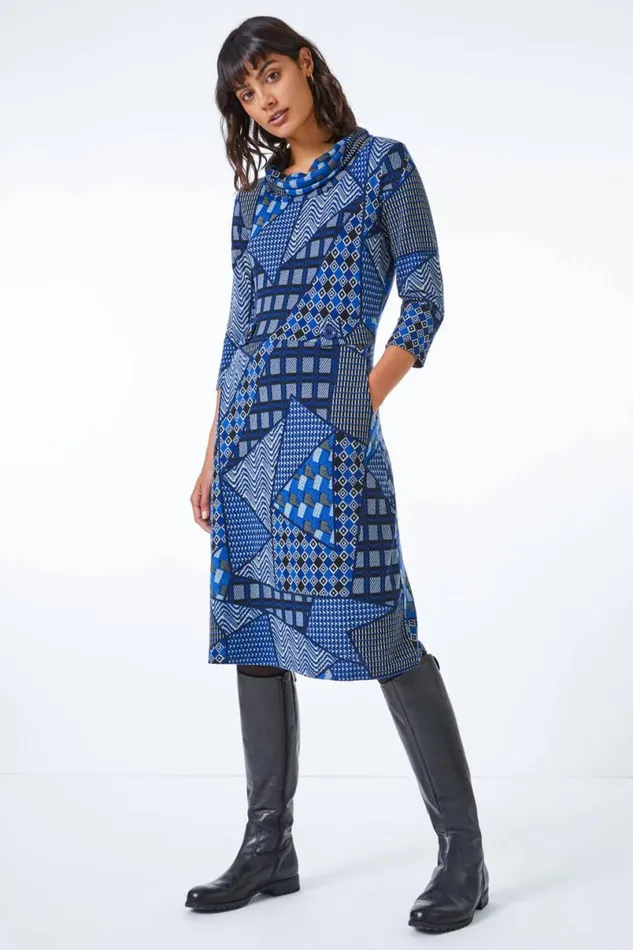 Blue Patchwork Cowl Neck Button Detail Dress Women Roman Dresses