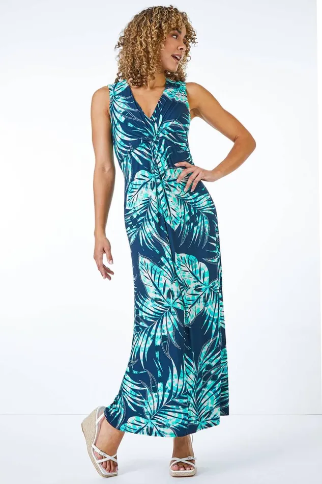 Blue Petite Palm Print Twist Front Maxi Dress Women Roman Dresses