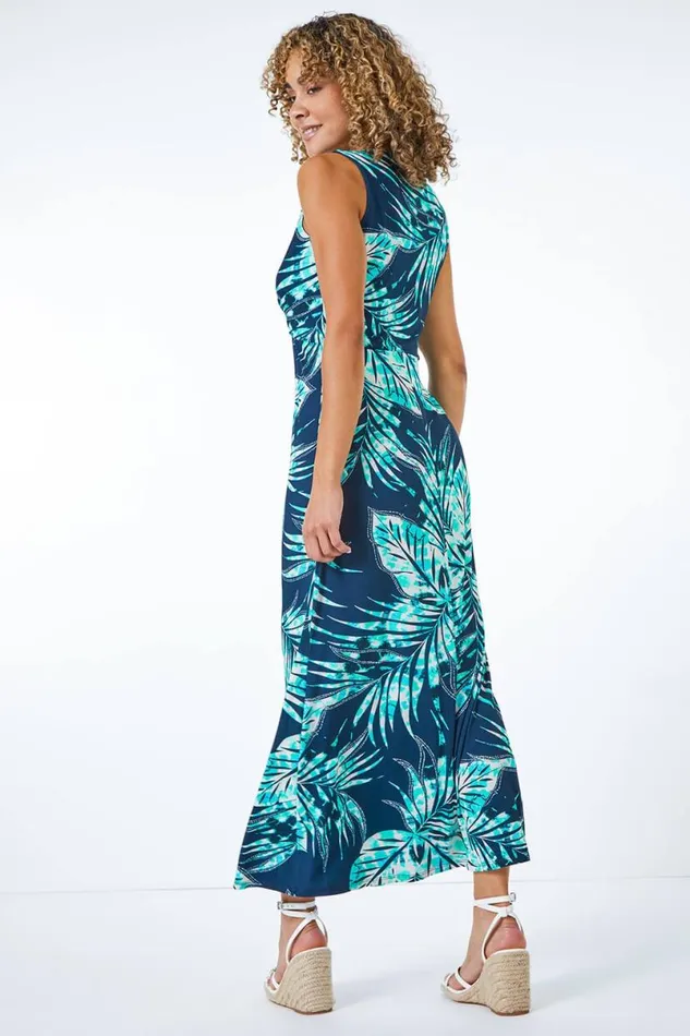 Blue Petite Palm Print Twist Front Maxi Dress Women Roman Dresses