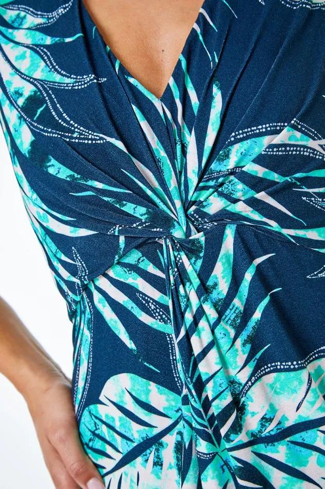 Blue Petite Palm Print Twist Front Maxi Dress Women Roman Dresses