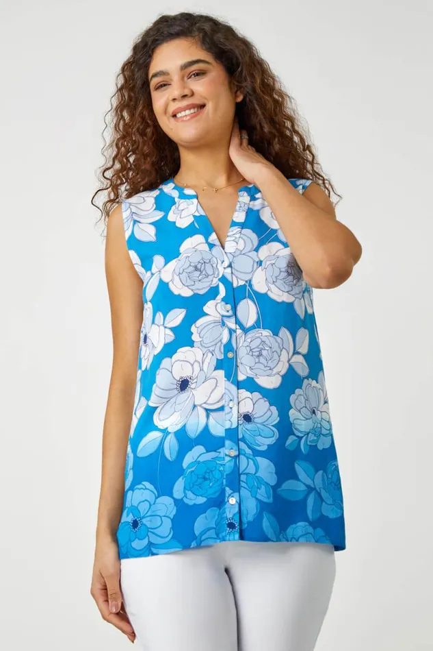 Blue Sleeveless Floral Print Blouse Women Roman Tops